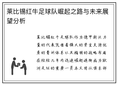 莱比锡红牛足球队崛起之路与未来展望分析
