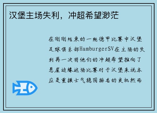 汉堡主场失利，冲超希望渺茫