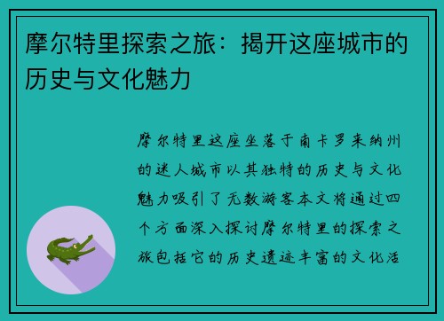 摩尔特里探索之旅：揭开这座城市的历史与文化魅力