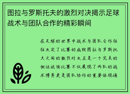 图拉与罗斯托夫的激烈对决揭示足球战术与团队合作的精彩瞬间