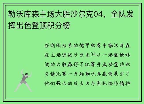 勒沃库森主场大胜沙尔克04，全队发挥出色登顶积分榜
