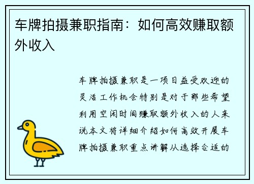 车牌拍摄兼职指南:如何高效赚取额外收入