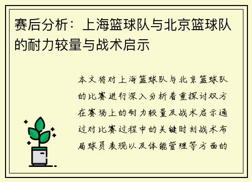 赛后分析：上海篮球队与北京篮球队的耐力较量与战术启示