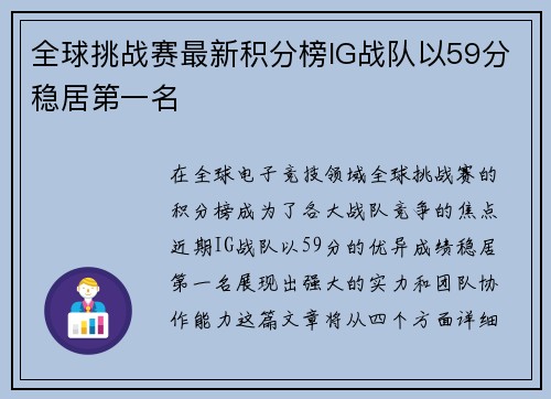 全球挑战赛最新积分榜IG战队以59分稳居第一名